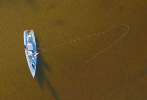 overhead view of a fly fishing kayak