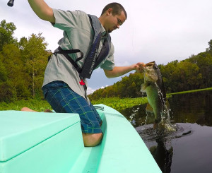 landing a bass in a kayak
